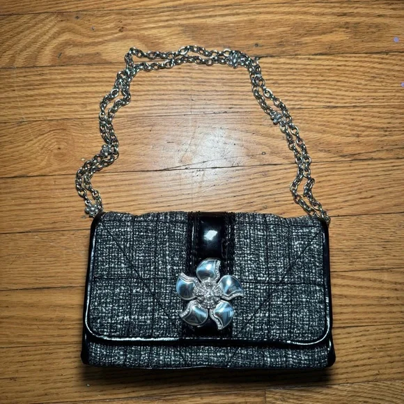 Brighton Black and Gray Tweed Clutch with Silver Flower and chain strap - Picture 8 of 10